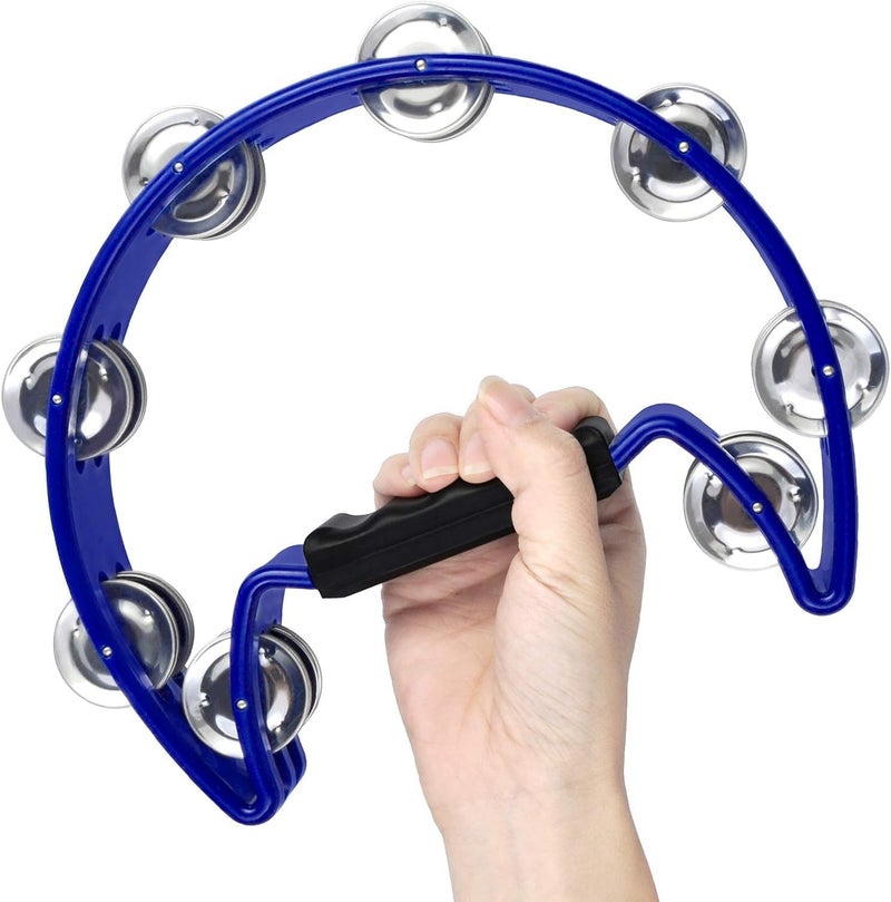 MOONBACK Tambourine, 4 Bells Tambourine, Foot Tambourine, Metal Jingles Hand Held Percussion,Tambourine For Adults,Half Moon Tambourine And Egg Shakers, Tambourine Stick Blue - Image 5